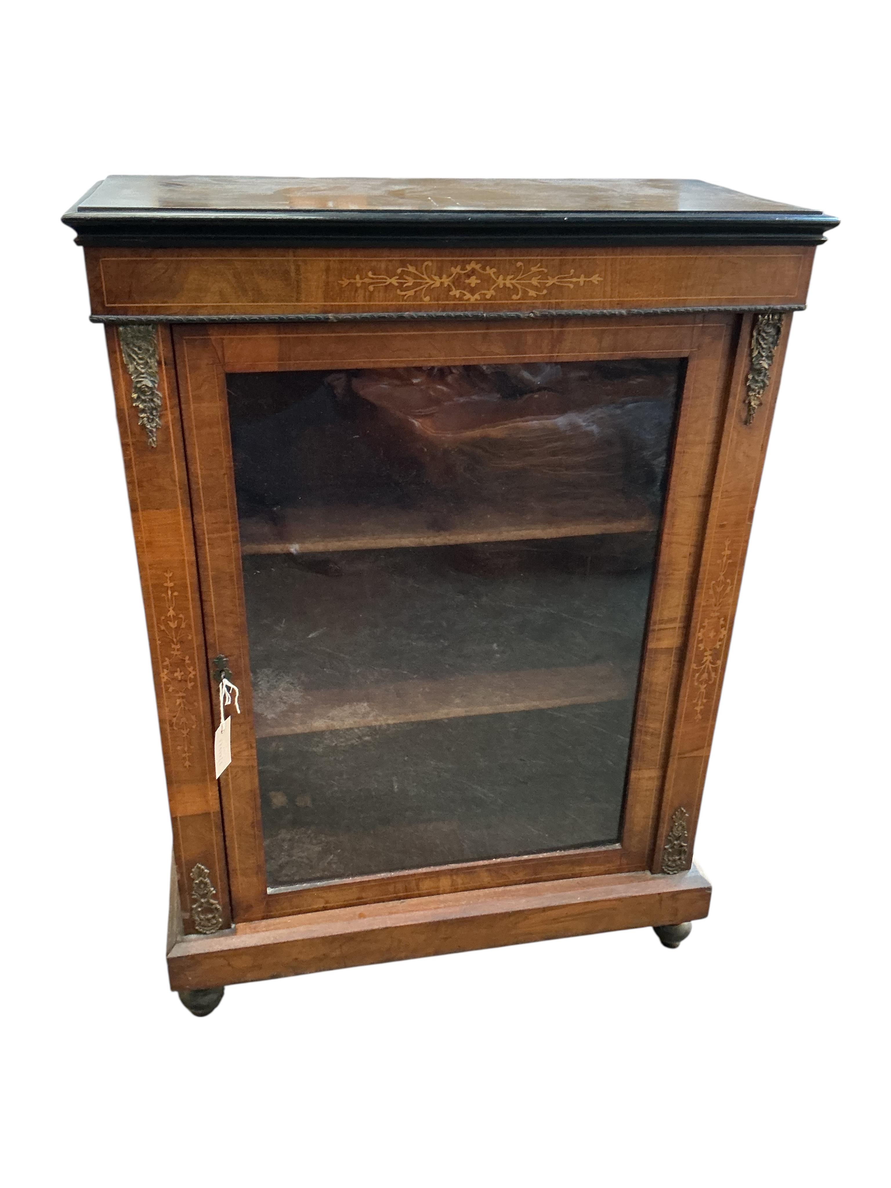 A late Victorian gilt metal mounted marquetry inlaid walnut pier cabinet, width 76cm, depth 32cm, height 105cm